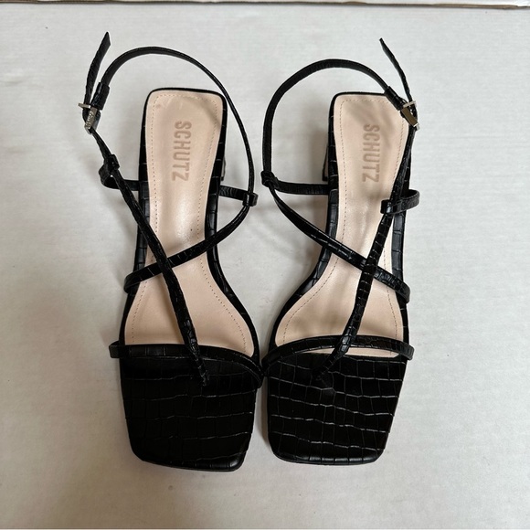 Schutz Amaia High Block Sandals in Black Croc Leather sz 8 - Picture 1 of 9
